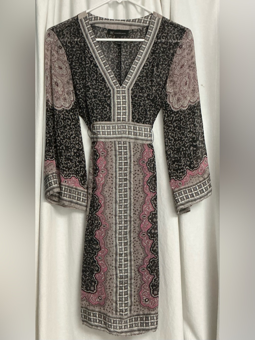 INC International Concepts Black, Gray, Pink and Cream Paisley Wrap Dress